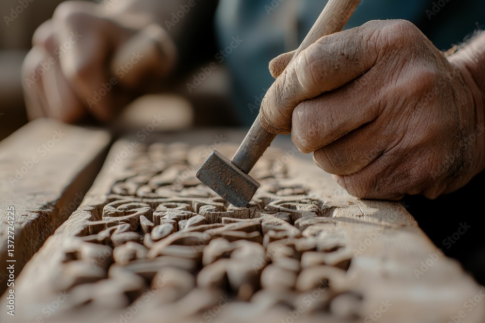 A craftsman expertly chisels intricate patterns into wood, showcasing traditional carving techniques and dedication to artistry.