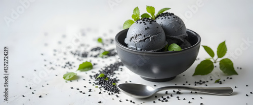 Gourmet Black Sesame Ice Cream with Seeds and Green Garnish