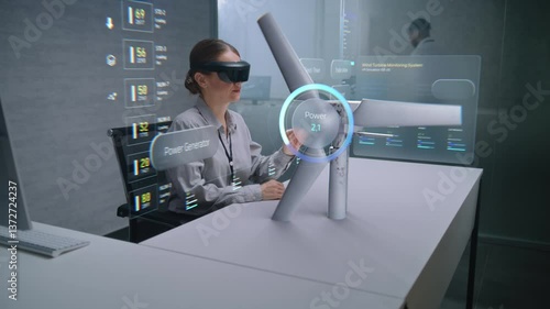 Futuristic Office: Female Engineer Uses Augmented Reality Headset to Visualize 3D Holographic Model of Wind Turbine on Wind Farm. Visualization of Artificial Intelligence Based Software Interface.
