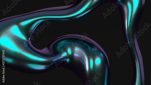 Iridescent metallic 3d background with reflective turquoise and violet flowing curved surface