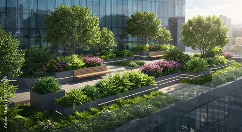 Green rooftops and vertical gardens redefine urban architecture, bringing nature into city. Balance of sustainability, innovation, and modern design enhances landscape. Sunny day