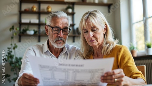 Concerned senior couple reviewing financial documents at home, potentially bills or statements.