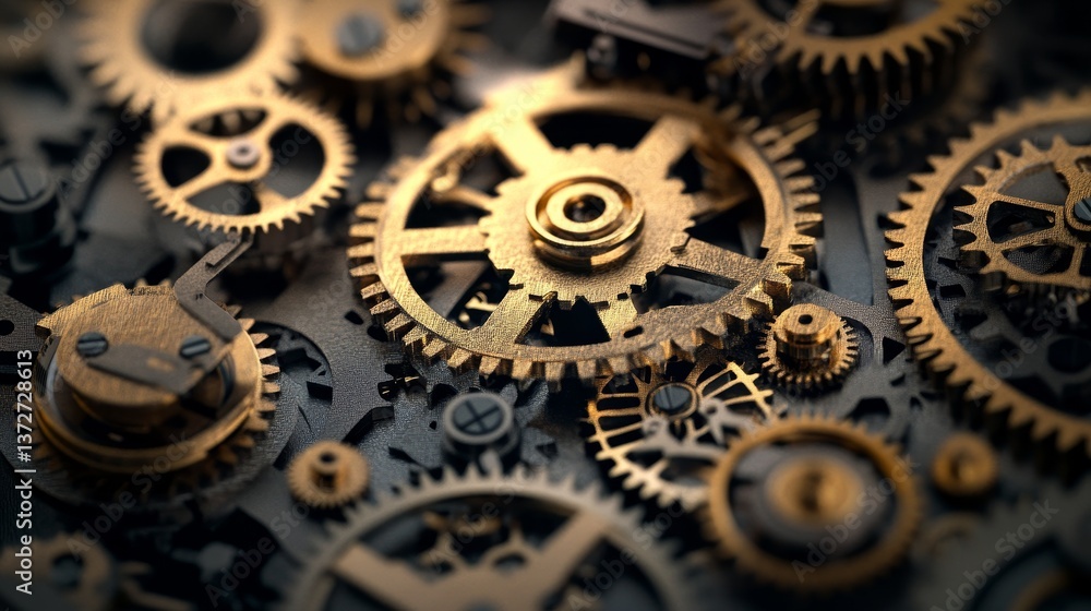 Close-up of interlocking golden gears and cogs creating a complex Close-up of interlocking golden gears and cogs creating a complex