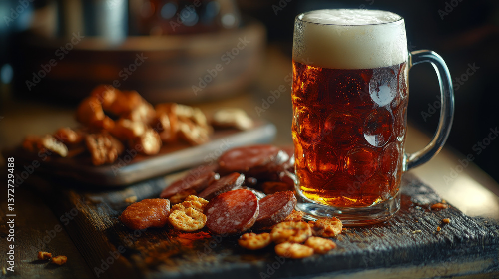 A mug of beer placed on a wooden surface with an assortment of snacks, captured with a selective focus A mug of beer placed on a wooden surface with an assortment of snacks, captured with a selective focus