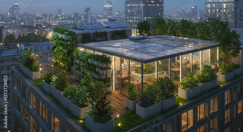Terrace on roof of house for rest with plants, cafe. Lush vertical garden, urban rooftop into green oasis. Nature and modern architecture promotes sustainability, creating eco-friendly cityscape