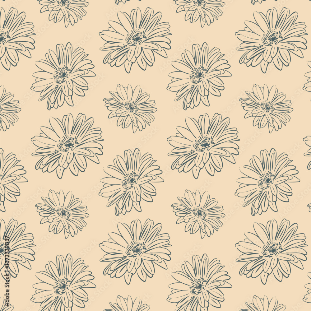 Pattern of abstract gerbera daisy flowers and dots in vintage tones. Floral print. Hand draw flowers with petals. Vector background for covers, fabric, textile, wallpaper and bed linen. Pattern of abstract gerbera daisy flowers and dots in vintage tones. Floral print. Hand draw flowers with petals. Vector background for covers, fabric, textile, wallpaper and bed linen.