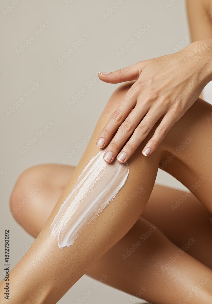 Fototapeta premium Close-up of woman applying cream on leg against neutral background