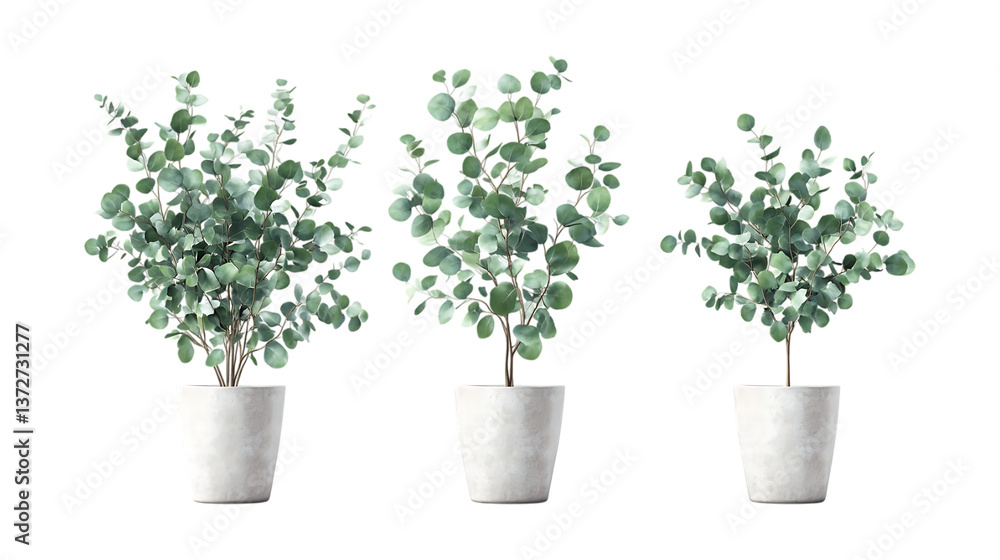 Eucalyptus Plant in Pot Set in Three Different Poses on Transparent Background for Home Decor, Indoor Gardening, or Botanical Illustrations Eucalyptus Plant in Pot Set in Three Different Poses on Transparent Background for Home Decor, Indoor Gardening, or Botanical Illustrations