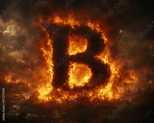 A large fiery letter B consumes a landscape of burning embers