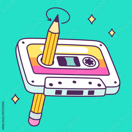 Cartoon retro cassette tape drawing in bright 80s style. Rewinding cassette with a pencil. clip art illustration.