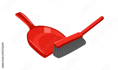 Red dustpan and brush isolated on white background. Vector cartoon flat illustration. Cleaning tools icon.