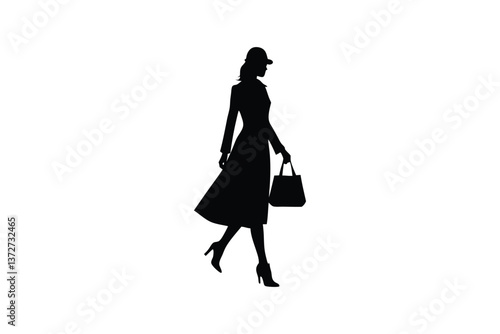 Silhouette design of a woman wearing a long coat and walking with a handbag vector art illustration.eps