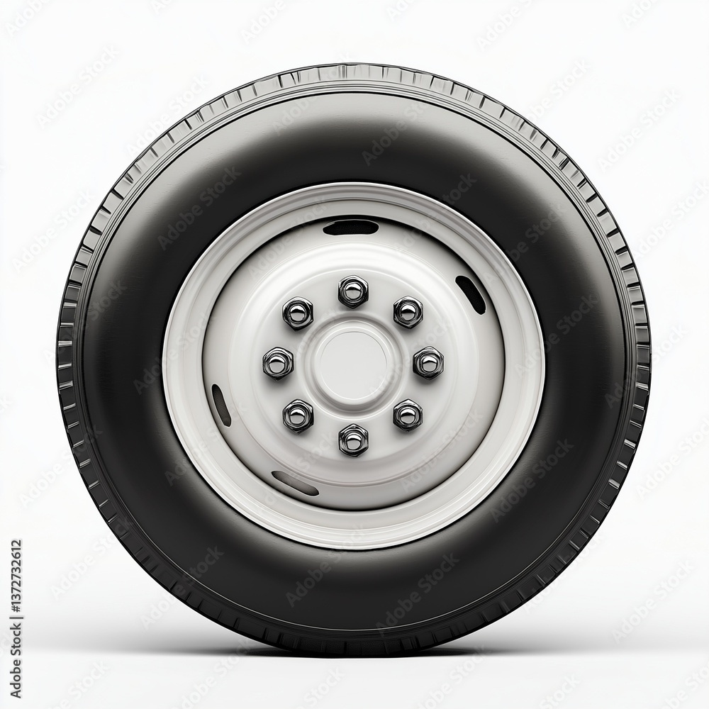 Obraz premium Single vehicle tire with white steel rim on white background