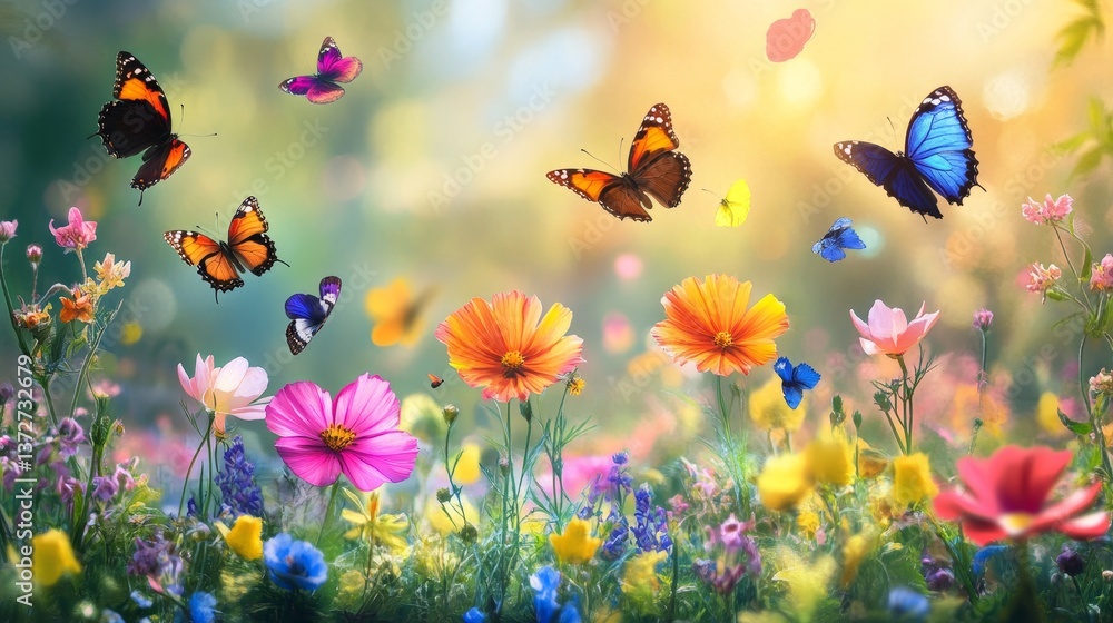 Butterflies flying over a colorful flower field with a blurred Butterflies flying over a colorful flower field with a blurred