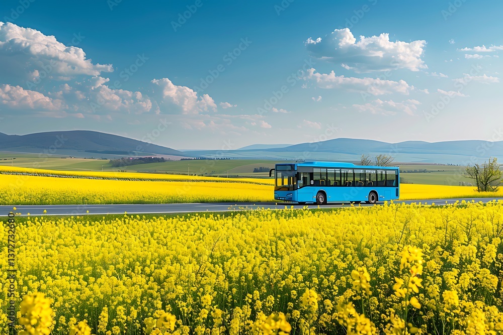 Blue bus traveling on a countryside road surrounded by yellow rapeseed fields