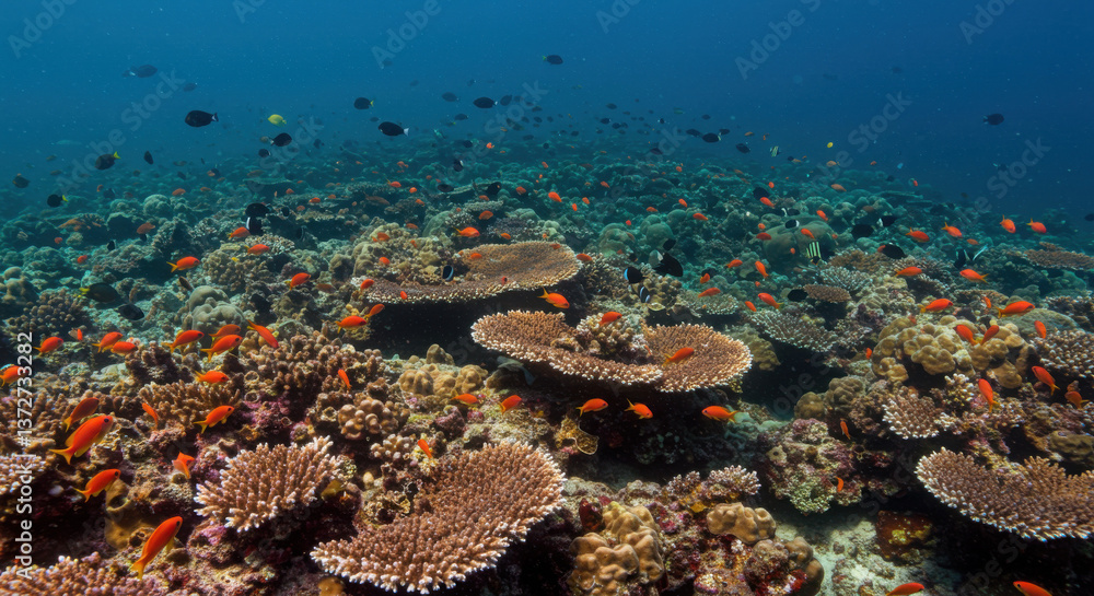 Obraz premium Vibrant coral reef ecosystem teeming with colorful fish swimming in clear blue ocean water 
