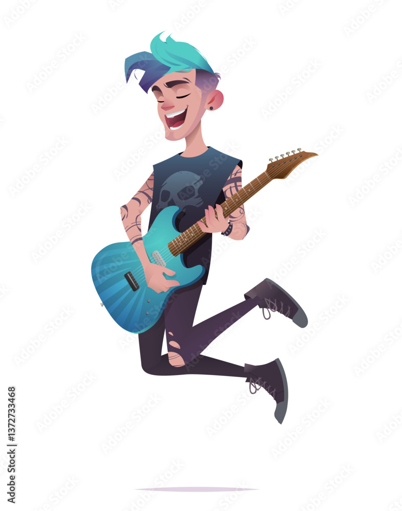 A dynamic illustration of a punk rocker jumping with an electric guitar. With blue hair, tattoos, and ripped black clothes. Perfect for music, rock, and alternative culture themes A dynamic illustration of a punk rocker jumping with an electric guitar. With blue hair, tattoos, and ripped black clothes. Perfect for music, rock, and alternative culture themes