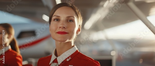 Smiling Flight Attendant in Red Uniform at Airport, Airline Travel Concept, Service