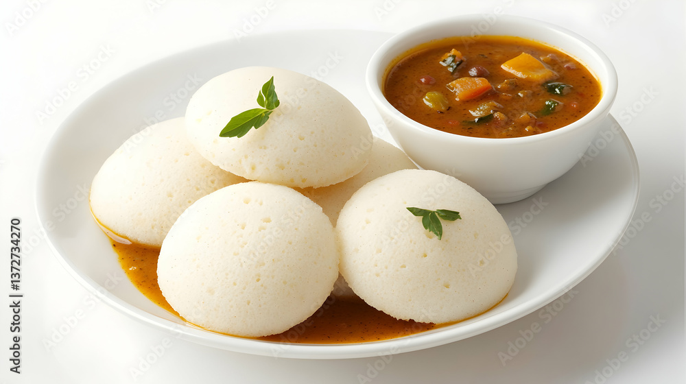 Steamed Rice Cakes Served with Flavorful Sambar in a White Bowl Steamed Rice Cakes Served with Flavorful Sambar in a White Bowl