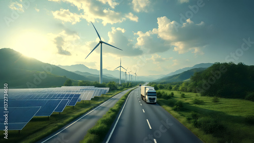 A picturesque highway cuts through a lush green landscape, bordered by solar panels and wind turbines producing clean energy. Trucks move along the road, symbolizing the future of sustainable
