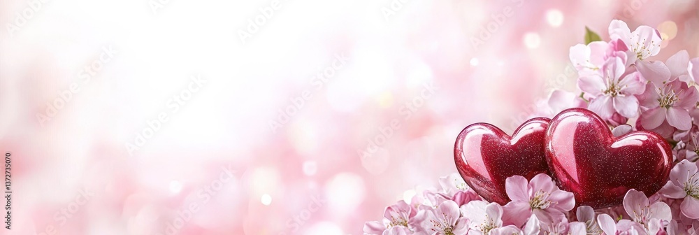 Fototapeta premium Romantic Hearts Surrounded by Soft Blossom Petals and Gentle Light