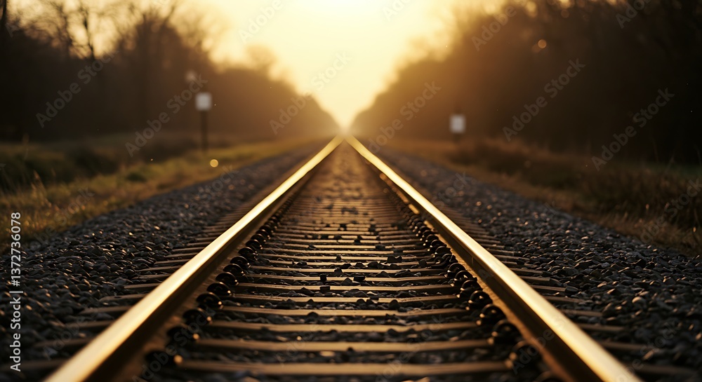 Fototapeta premium Railroad Tracks Stretching to the Horizon with Golden Sunset Light