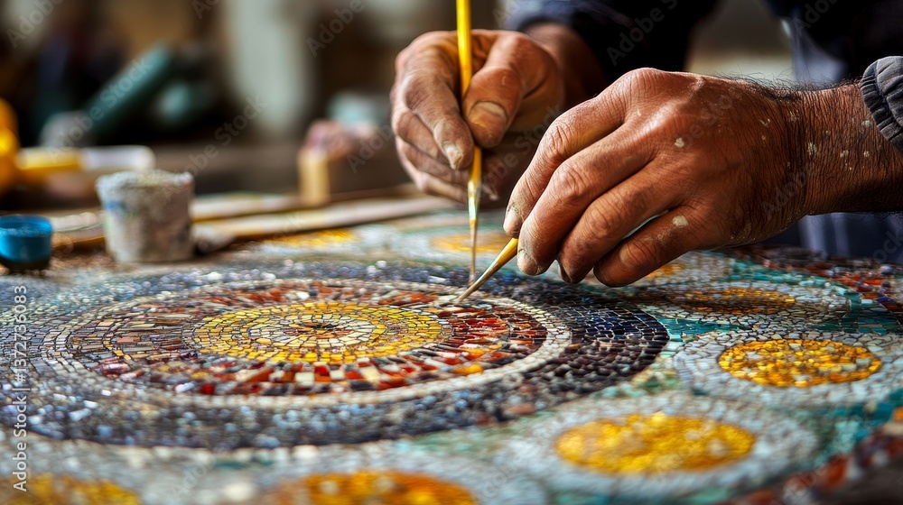 Fototapeta premium Hands painting a colorful mosaic artwork with a brush on