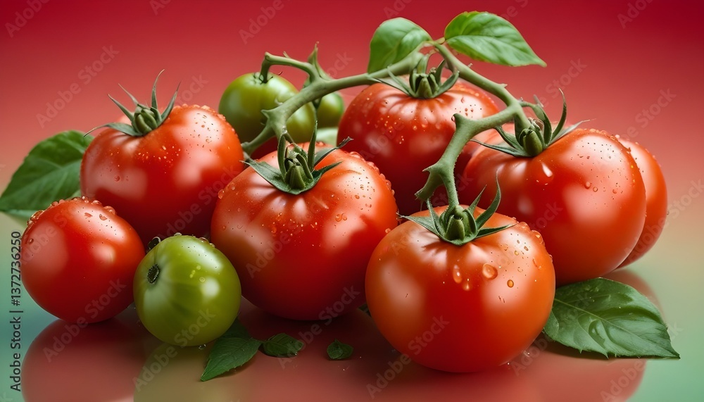 A vibrant, high-resolution studio shot showcases a cluster of fresh tomatoes on the vine, set against a gradient red background A vibrant, high-resolution studio shot showcases a cluster of fresh tomatoes on the vine, set against a gradient red background