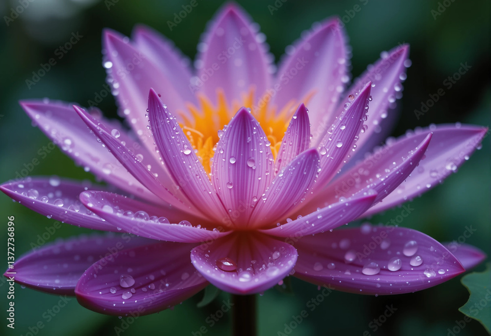 Fototapeta premium A beautiful purple flower with droplets of water on it. The flower is the main focus of the image, and the water droplets add a sense of freshness and life to the scene