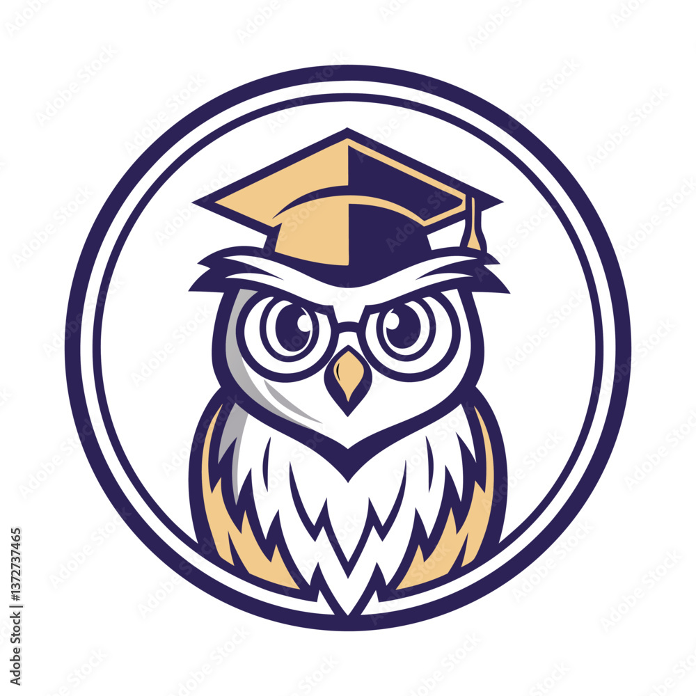 Fototapeta premium Vector illustration of a wise owl wearing a graduation cap, symbolizing knowledge, wisdom, and education. Perfect for academic institutions, tutoring services, learning platforms, and educational logo