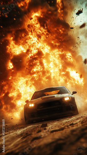 Car escapes intense fiery explosion, symbolizing action movie scene, high-stakes chase, dramatic escape. The vehicle is the hero here.