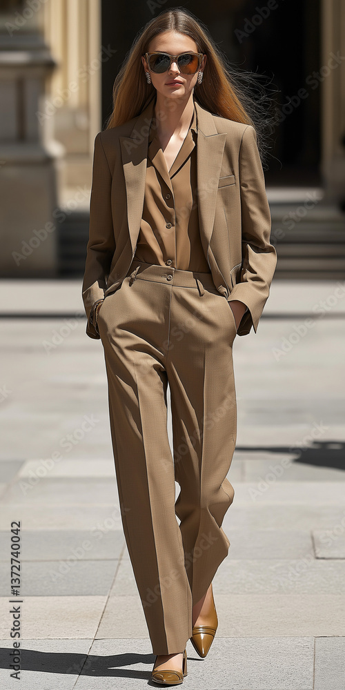Fototapeta premium Fashion model in tailored brown suit walking outdoors with sunglasses in sunlight
