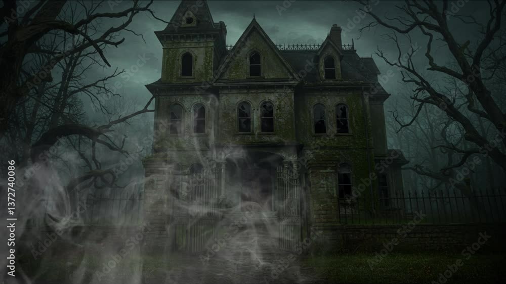 Haunted Gothic Mansion in dark greens and greys representing a spooky horror scene against a foggy forest Haunted Gothic Mansion in dark greens and greys representing a spooky horror scene against a foggy forest