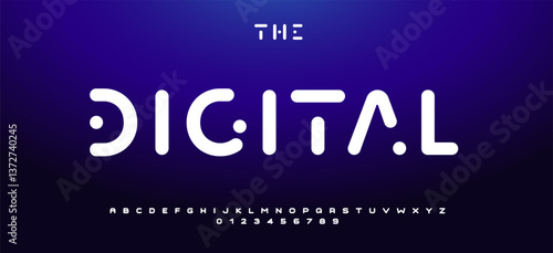 Rounded futuristic digital font with smooth minimal letters and tech dot details, sleek modern alphabet for tech headline, apps text, digital UI, software logo. Futuristic vector typeset.