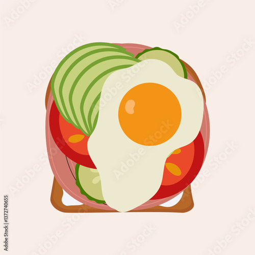 Toast with fried egg, ham and veggies. Top view. Cartoon isolated vector illustration. 