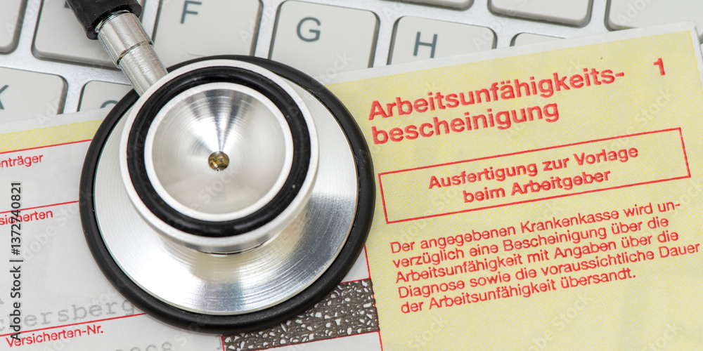 Ein medizinisches Stethoskop und ein Formular für Arbeitsunfähigkeitsbescheinigung liegen auf einer Tastatur als Symbol für Bürokratie im Gesundheitswesen