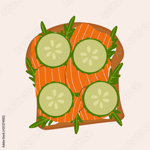 Toast with salmon, rucola and cottage cheese. Top view. Cartoon isolated vector illustration. 