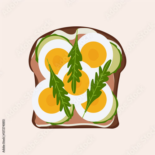 Toast with egg, rucola and paste. Top view. Cartoon isolated vector illustration. 