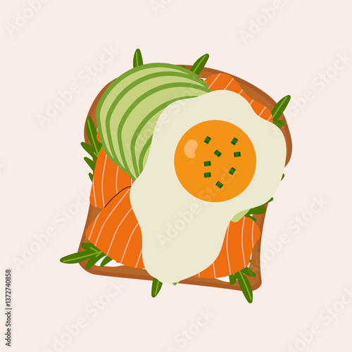 Toast with salmon, avocado and fried egg. Top view. Cartoon isolated vector illustration. 