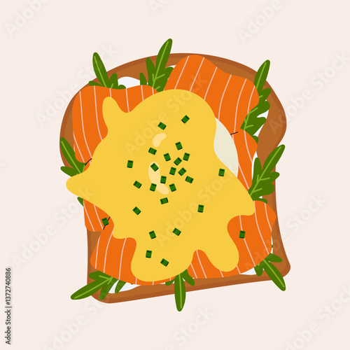 Toast with salmon, rucola and hollandaise sauce. Top view. Cartoon isolated vector illustration. 
