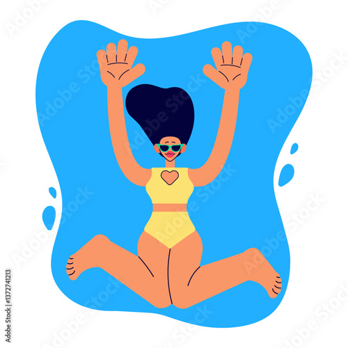 Woman in swim suit dives into water. Girl jumping into water on summer vacations. Cartoon isolated vector illustration. 