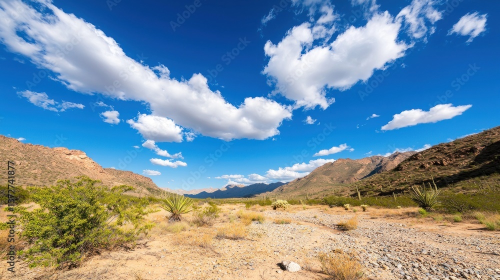Desert valley with mountains, clouds, and cacti under blue sky Desert valley with mountains, clouds, and cacti under blue sky