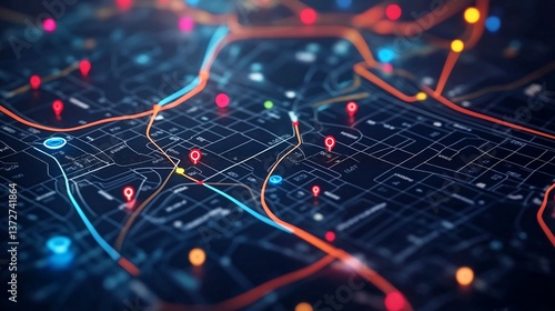 Urban map with glowing pins indicating locations and routes