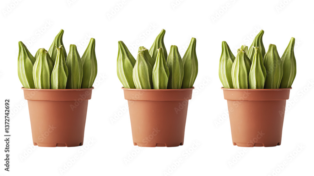 Okra Plant in Pot Set in Three Different Poses on Transparent Background for Gardening, Southern Cuisine, or Homegrown Vegetables Okra Plant in Pot Set in Three Different Poses on Transparent Background for Gardening, Southern Cuisine, or Homegrown Vegetables
