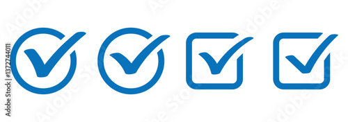 Blue checkmark icon, checkbox, blue tick mark, blue checklist symbol set. Verified check icons in vector format.