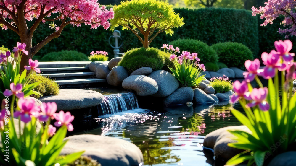 Fototapeta premium Japanese garden with waterfalls and steps, pink cherry blossom in spring, landscaping,