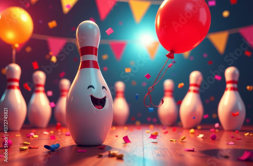 Obraz na płótnie Lucky bowling pin with red balloon in hand, holiday illustration, birthday card, copy space on a right side w salonie