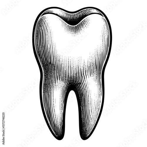 Single tooth sketch engraving black and white outline. Scratch board imitation.  illustrated in vintage line art style on a white background.