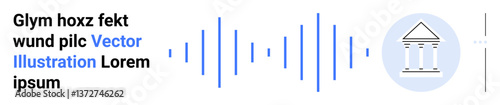 Blue sound wave lines merging text and classical building icon, representing communication, digital data, and technology. Ideal for innovation, audio systems, government, legal services