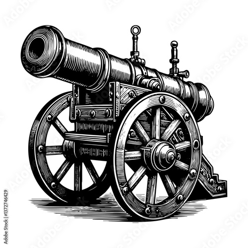 Cannon engraving black and white outline. Scratch board imitation. illustrated in vintage line art style on a white background.
